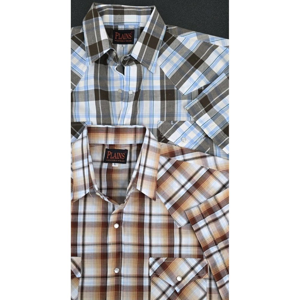 2 Plains Western Shirt Men L Pearl Snap Plaid Western Rodeo Short Sleeve Cowboy